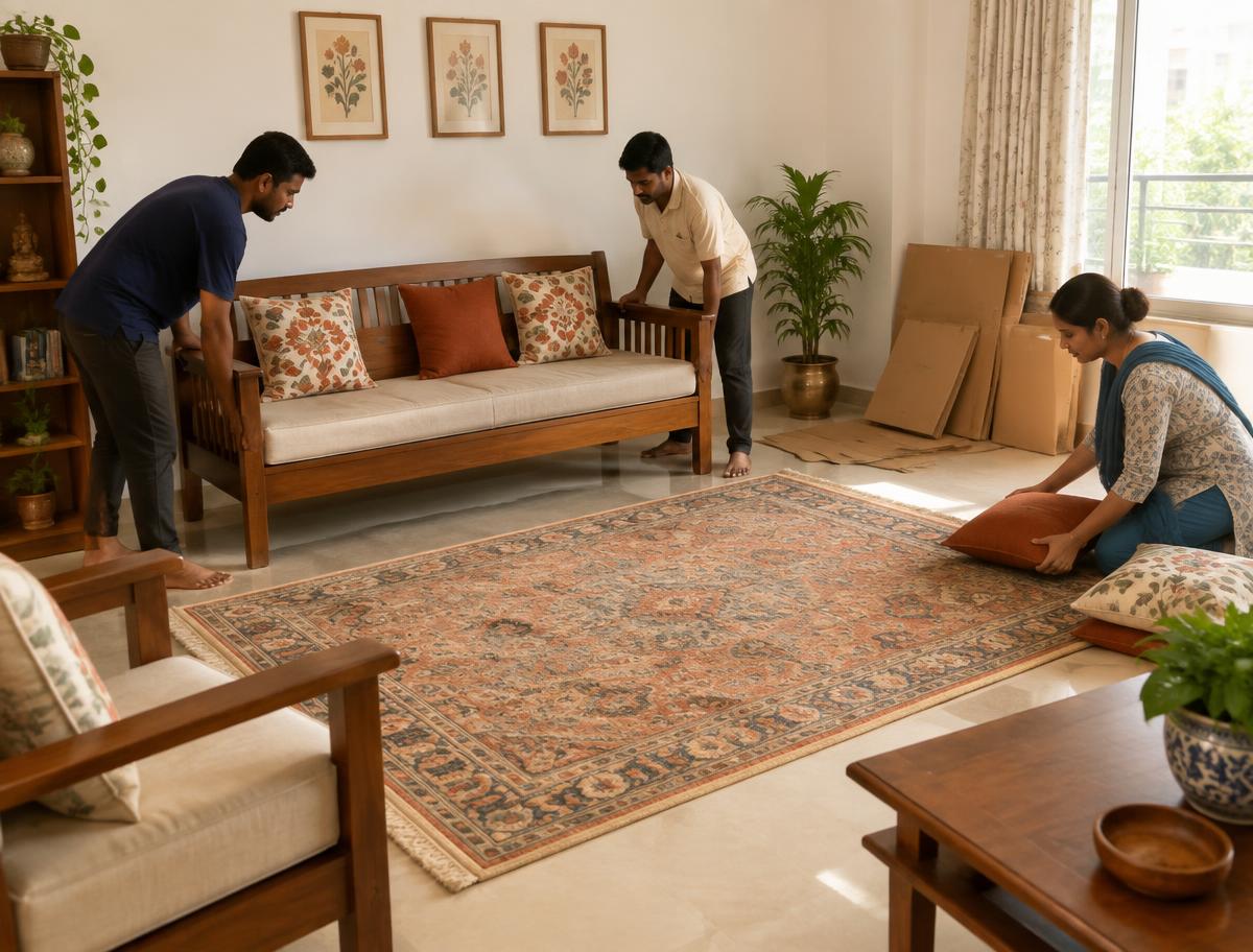 Helpers placing a wooden sofa and arranging cushions and a rug in a living room