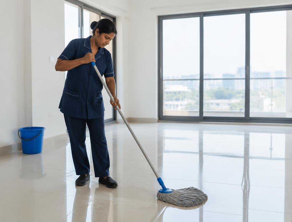 Cleaner mopping the polished floor of a bright empty apartment