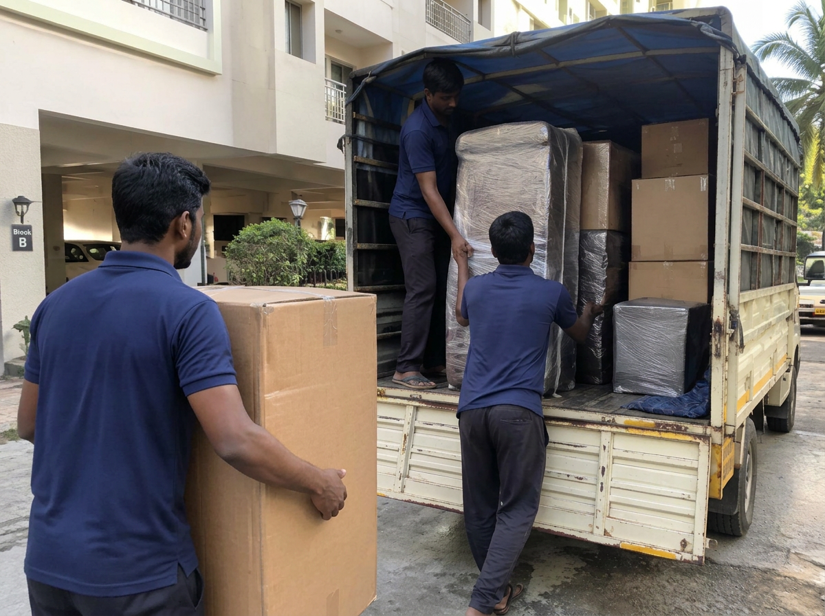 Workers loading wrapped furniture and cartons into a goods vehicle outside an apartment