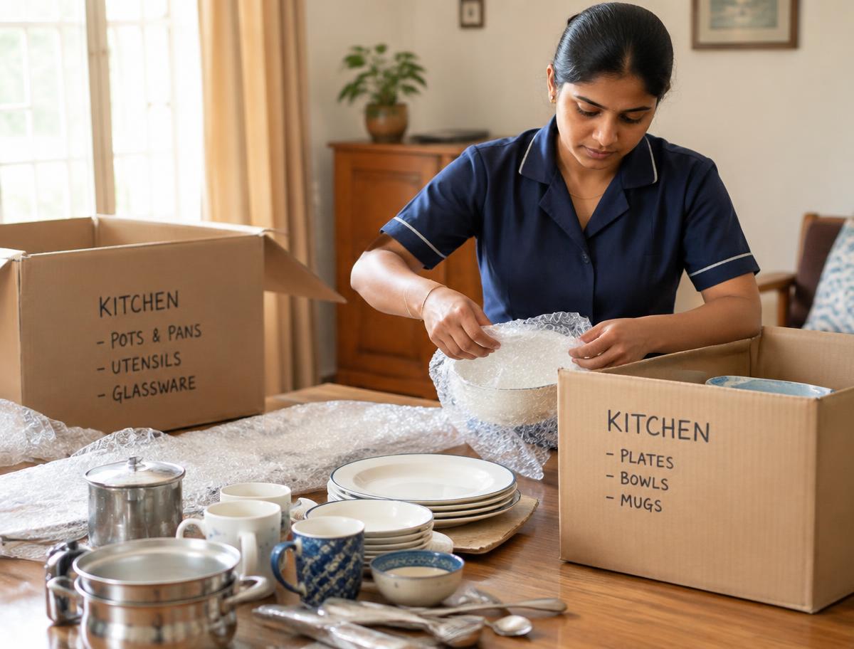 Helper wrapping kitchen bowls in bubble wrap beside labelled cardboard cartons